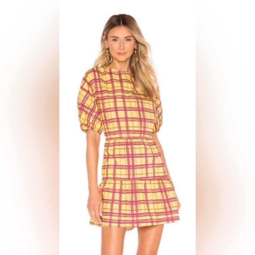 NWT L’Academie The Laramie Yellow and Pink Plaid Open Back Mini‎ Dress Sz Small